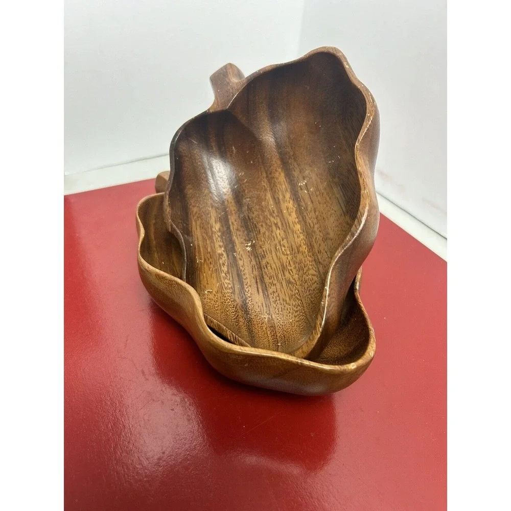 2‎ Vintage Monkey Pod Wood Leaf  Snack Bowl Trinket Dish Tiki Set Philippines